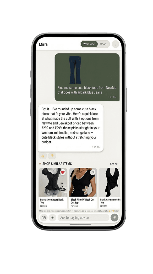 Mirra chat screen showing a styling request and matching black tops pulled from multiple brands