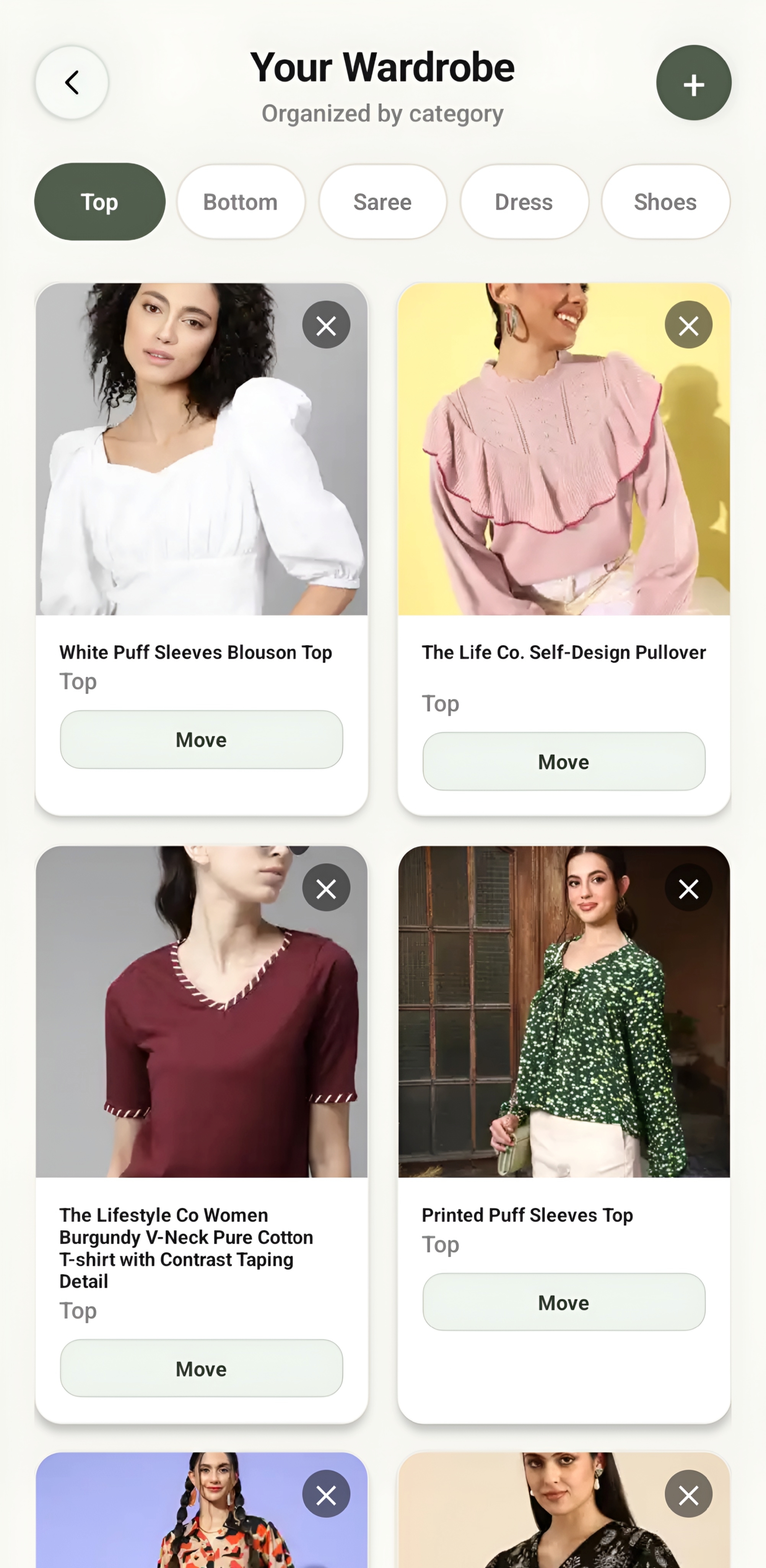 Your wardrobe organized by category inside the Mirra app